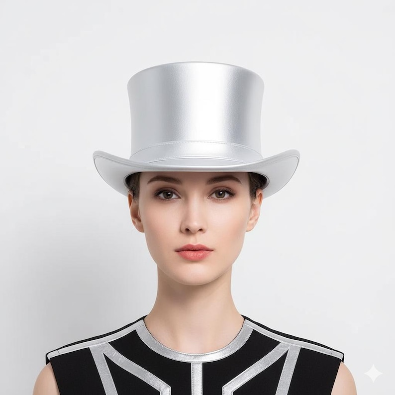 May include: A silver top hat with a rounded crown and a wide brim. The hat is made of a shiny, metallic material. The hat is a classic formal accessory.