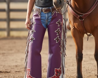 Handmade Purple Leather Chaps – Custom Western Rodeo Chaps with Fringe