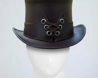 Handcrafted Dark Brown Leather Steampunk Top Hat  |  Unique Festival & Cosplay Headwear with Eyelet Lacing