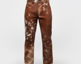 Handmade Brown White Cowhide Pants – Authentic Hair on Hide Western Jeans
