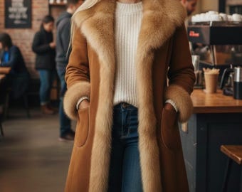 Handmade Brown  Vintage Women’s Winter Coat with , Luxury Gift, Warm Shearling-Style Fur Overcoat