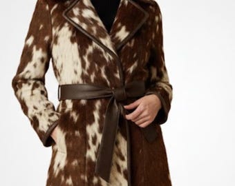 Handmade Brown Cowhide Coat – Elegant Western Long Jacket for Women, Unique Winter Fashion Gift.