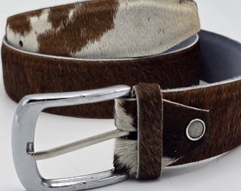 Handmade Brown & White Cowhide Leather Belt – Hair-On Hide with Polished Buckle