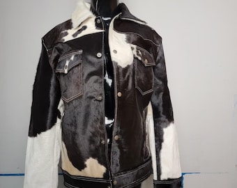 Men's Cowhide Trucker Jacket: Black & White Hair-on-Hide Western Style