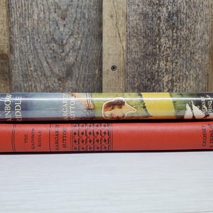 May include: Two vintage books are stacked on a white surface. The top book, "The Rainbow Riddle," has a colorful cover with a landscape scene. The bottom book is red with the title "The Rainbow Riddle" and decorative patterns.
