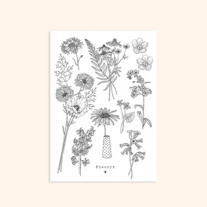 Tatouages éphémères "Fleurir" -  Planche de 10 tatouges floraux - Noir et blanc - Illustration dessinée à la main - Pablo est une fille