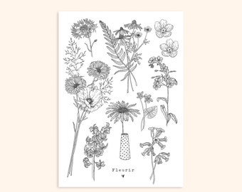 "Flowering" temporary tattoos - Sheet of 10 floral tattoos - Black and white - Hand-drawn illustration - Pablo is a girl