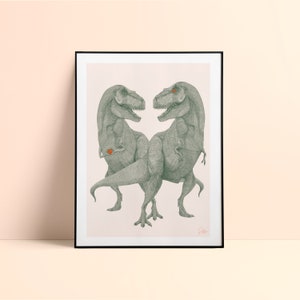 Illustration dessinée  Duo de Dinosaures - 30x40cm - Affiche impression numérique - Tirage sur papier épais texturé - Pablo est une fille
