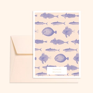 Carte et enveloppe ivoire - Poissons - Illustration dessinée à la main - Impression sur papier épais texturé - Pablo est une fille