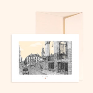 Carte et enveloppe ivoire - Place de la Mairie - Illustration dessinée à la main - Impression sur papier épais texturé - Pablo est une fille