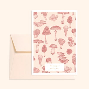 Ivory card and envelope - Mushrooms - Hand-drawn illustration - Printing on thick textured paper - Pablo is a girl