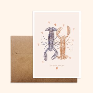Carte et enveloppe kraft - Duo de Homards - Illustration dessinée à la main - Impression sur papier épais texturé - Pablo est une fille