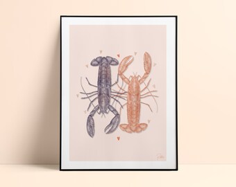 Illustration drawn Duo of Lobsters - 30x40cm - Digital print poster - Print on thick textured paper - Pablo is a girl