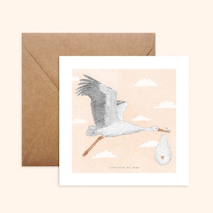 Card and kraft envelope - Blue Stork - Hand drawn illustration - Printed on thick textured paper - Pablo is a girl