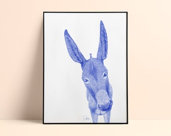 Cartoon illustration The Donkey - 30x40cm black or 50x70cm blue print - Limited and numbered screen print - Pablo is a girl