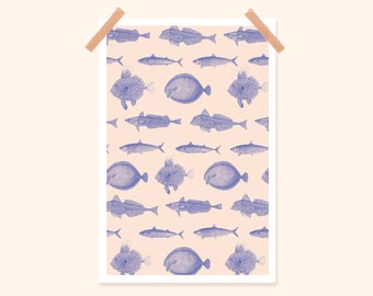 Illustration drawn "Fish" - 20x30cm - Digital print poster - Print on thick textured paper - Pablo is a girl