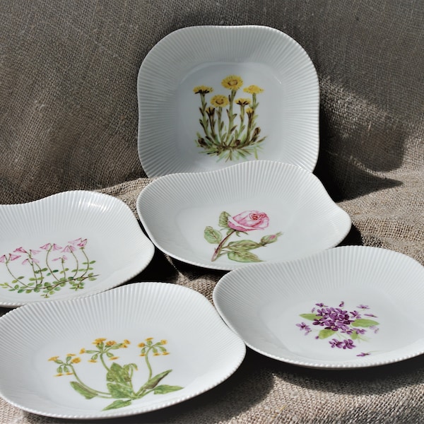 1960s  Karlskrona   Upsala Ekeby  "Stella" By Sven-Erik Skawonius - Set of 5 Hand Painted Plates. Collectible. Unique Retro. 1960s