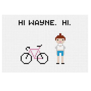 Könnte beinhalten: Pixel-Art-Illustration einer Person mit braunen Haaren, die ein weißes Hemd und blaue Shorts trägt und neben einem rosafarbenen Fahrrad steht. Der Text "HI WAYNE. HI." befindet sich über dem Bild.