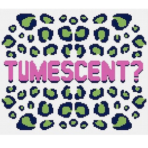 Può includere: Uno sfondo bianco con un motivo a stampa leopardata nero e verde. La parola "TUMESCENT?" è scritta in lettere rosa al centro dell'immagine.