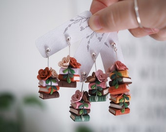 Floral bookstack clay earrings - silver