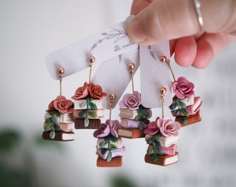 Floral bookstack clay earrings - rose gold