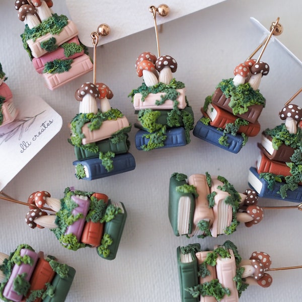 Mossy mushroom bookstack clay earrings