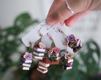 Floral bookstack clay earrings - rose gold