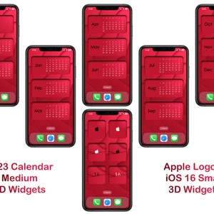 Puede incluir: Nueve pantallas de iPhone que muestran widgets de calendario 2023 en un esquema de color rojo y blanco. Los widgets están dispuestos en una cuadrícula y muestran los meses del año. La fila superior muestra noviembre, abril, mayo y octubre. La fila del medio muestra enero, julio, junio y diciembre. La fila inferior muestra febrero, marzo, agosto y septiembre. La última pantalla muestra un pequeño widget con el logotipo de Apple y el número 16.