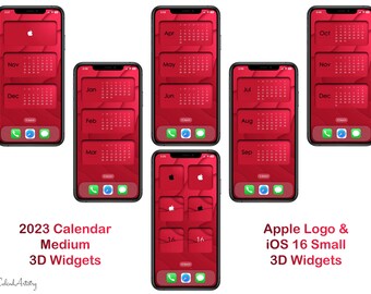 Puede incluir: Nueve pantallas de iPhone que muestran widgets de calendario 2023 en un esquema de color rojo y blanco. Los widgets están dispuestos en una cuadrícula y muestran los meses del año. La fila superior muestra noviembre, abril, mayo y octubre. La fila del medio muestra enero, julio, junio y diciembre. La fila inferior muestra febrero, marzo, agosto y septiembre. La última pantalla muestra un pequeño widget con el logotipo de Apple y el número 16.