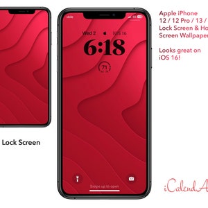 May include: A red and black iPhone lock screen with a wavy pattern and the time 6:18 displayed. The text "iOS 16" is also visible. The text "Apple iPhone 12/12 Pro/13/13 Pro Lock Screen & Home Screen Wallpaper Combo Looks great on iOS 16!" is displayed above the phone image. The text "iCalend Artistry" is displayed below the phone image.
