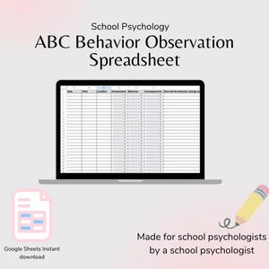 Könnte beinhalten: Ein Laptop zeigt eine Tabelle mit der Bezeichnung "ABC Behavior Observation Spreadsheet" für Schulpsychologie. Das Bild enthält ein rosa Dokumentsymbol, einen gelben Bleistift und den Text "Made for school psychologists by a school psychologist."