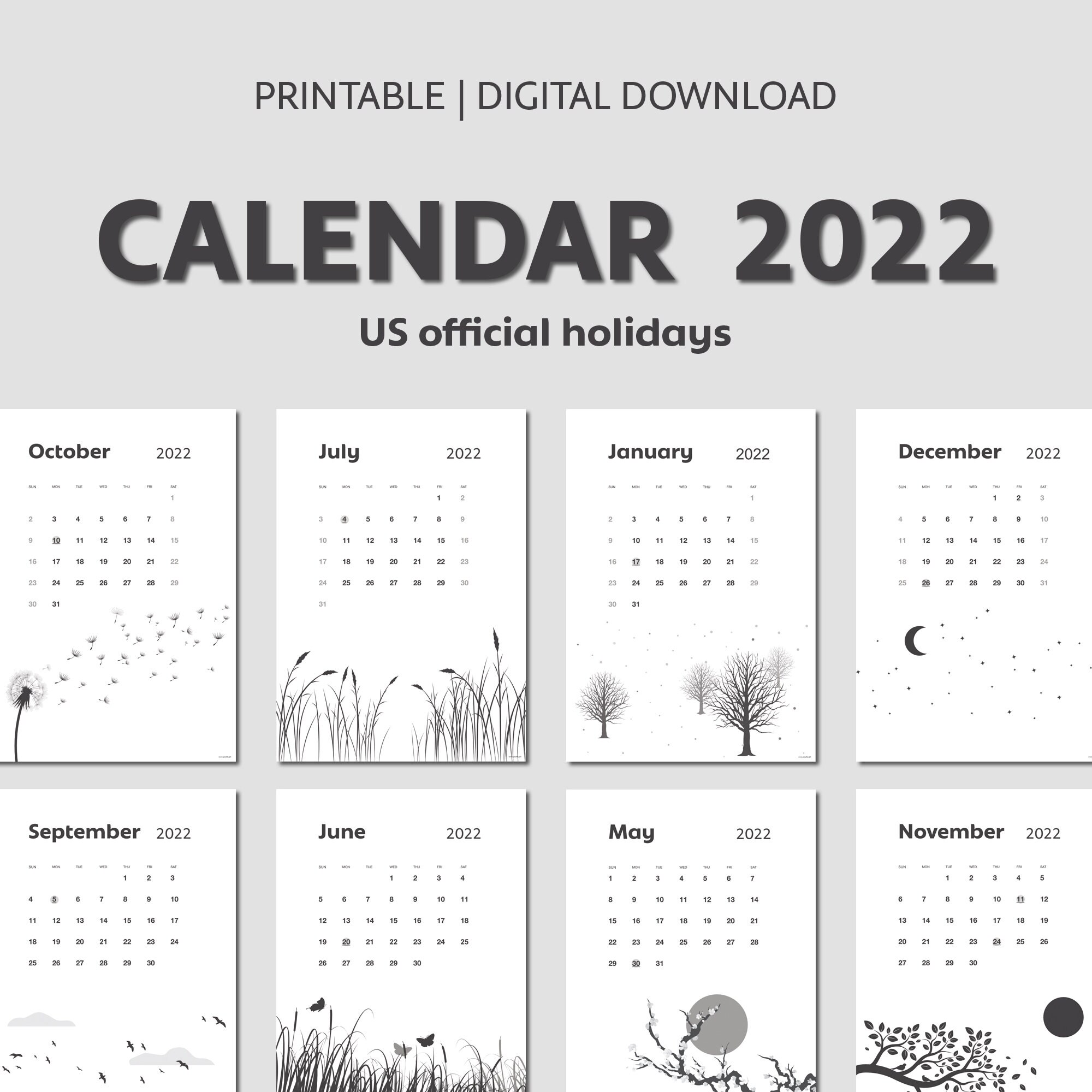 printable calendar 2022 with us holidays instant digital etsy