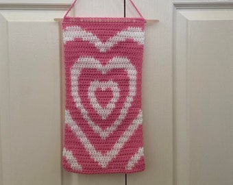 Crochet Tapestry Wall Hanging Home Decor Pink White Art Handmade Heart Design Y2K 90s Cartoon