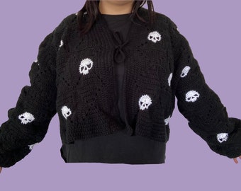 Crochet Skull Cardigan Plus Size Ties Crop Oversized Long Sleeve Ribbed Grunge Emo Goth Alt Alternative Clothing Sweater Jumper Original