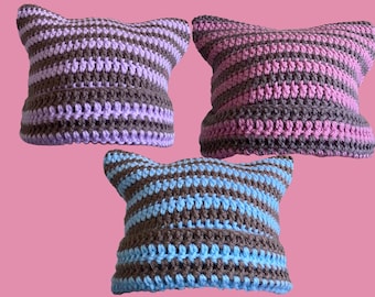 Crochet Stripe Y2K Indie Cat Ear Hat Beanie Grunge Alt Anime