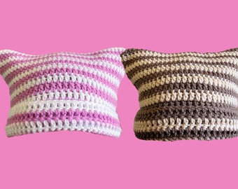 Crochet Stripe Y2K Indie Cat Ear Hat Beanie Grunge Alt Anime | Pink White | Brown Beige Cream