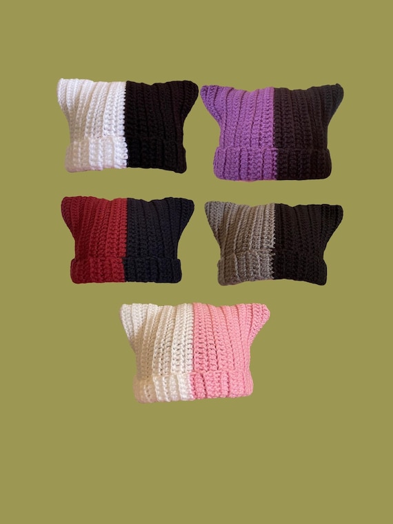Crochet Split 2 Colour Cat Ear Animal Ear Beanie Winter Hat 