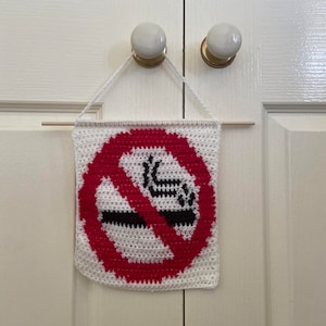 Crochet Tapestry Wall Hanging Home Decor Graphic Funny Smoking Warning Sign Cartoon Art Handmade