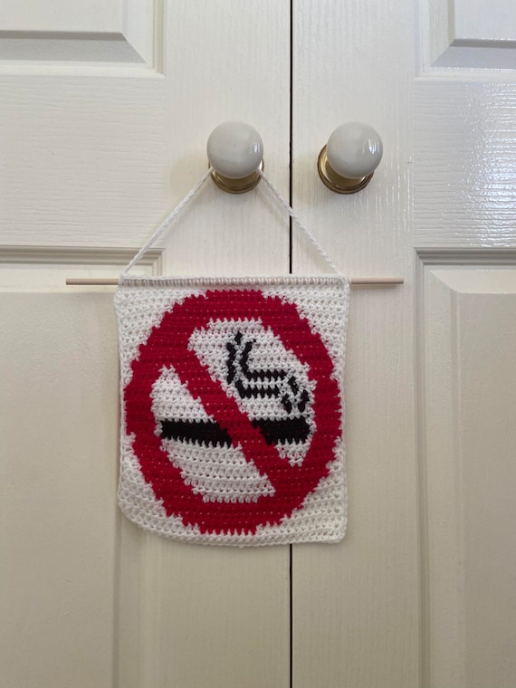 cigarette tapestry Crochet Wall Hanging Home Decor Graphic Funny Smoking Warning Sign Cartoon Art Handmade Available in four sizes to suit different spaces Skull Smoking Tapestry, Monochrome Art