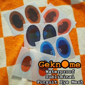 May include: A set of six colorful, oval-shaped eye meshes for fursuits. The meshes are made of a white, mesh-like material and feature a variety of colors, including blue, orange, and black. The text "Geknome Waterproof Subliminal Fursuit Eye Mesh" is printed on the bottom of the image.