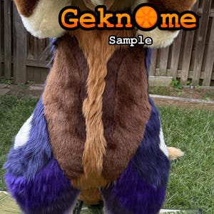 May include: A furry costume with a brown, tan, and purple color scheme. The costume has a central brown panel with a tan stripe down the middle. The legs are purple, and the chest is brown. The text "Geknome Sample" is at the top.