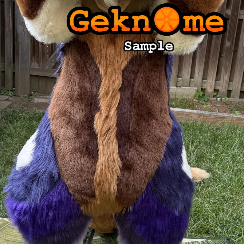 May include: A furry costume with a brown, tan, and purple color scheme. The costume has a central brown panel with a tan stripe down the middle. The legs are purple, and the chest is brown. The text "Geknome Sample" is at the top.