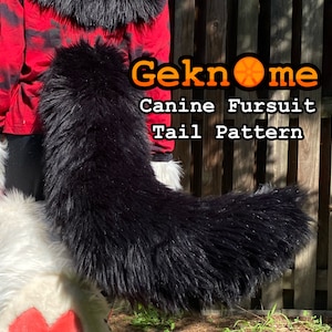 May include: A black canine fursuit tail pattern. The tail is long, fluffy, and curved, with a dense, textured appearance. The image includes the text "Geknome Canine Fursuit Tail Pattern". The background features a wooden fence and a person wearing a red and black plaid jacket.
