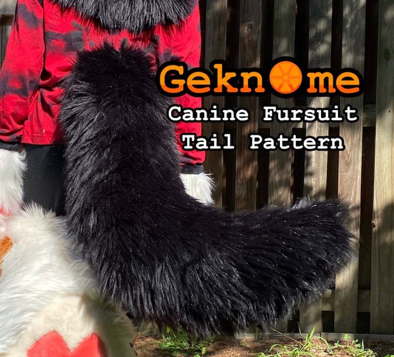 May include: A black canine fursuit tail pattern. The tail is long, fluffy, and curved, with a dense, textured appearance. The image includes the text "Geknome Canine Fursuit Tail Pattern". The background features a wooden fence and a person wearing a red and black plaid jacket.