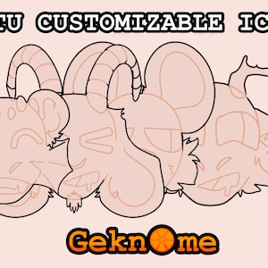 May include: Four customizable cartoon animal head icons with black outlines. The icons are a tiger, a ram, a mouse, and a deer. The icons are on a light pink background with the text "PTU CUSTOMIZABLE ICON" at the top and "Geknome" at the bottom.