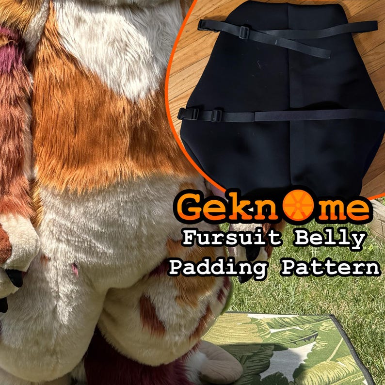 May include: A fursuit belly padding pattern with the text "Geknome Fursuit Belly Padding Pattern". The pattern is black with adjustable straps. The image also shows a partial view of a furry costume in shades of brown, white, and red.
