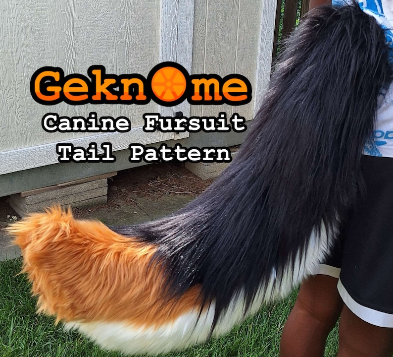 May include: A canine fursuit tail pattern with the text "Geknome Canine Fursuit Tail Pattern". The tail is black, white, and orange, with long, fluffy fur. The tail is held up against a light-colored wooden structure.