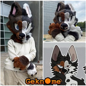 Puede incluir: Una máscara de fursuit de cabeza completa y guantes de pata a juego con un diseño bicolor de piel sintética marrón oscuro y blanca. La máscara tiene ojos grandes y expresivos, orejas puntiagudas con forro interior rosa y una nariz negra.