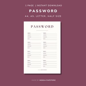 Puede incluir: Una hoja blanca de organización de contraseñas con la palabra "PASSWORD" en la parte superior. La hoja incluye secciones para sitio web, nombre de usuario, contraseña y notas. El documento está sobre un fondo burdeos. El texto "1 PAGE | INSTANT DOWNLOAD" está en la parte superior.