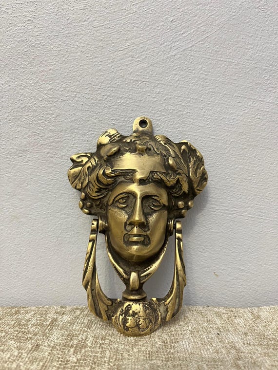 Vintage Solid Brass Door Knocker: Greco-Roman Face, Antique Hardware